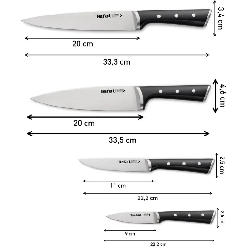 Tefal Ice Force Set of 4 Knives, Peeler 9 cm, Chef 20 cm, Slicer 20cm & Universal 11 cm, Slices, Cuts and Dices, Stainless Steel